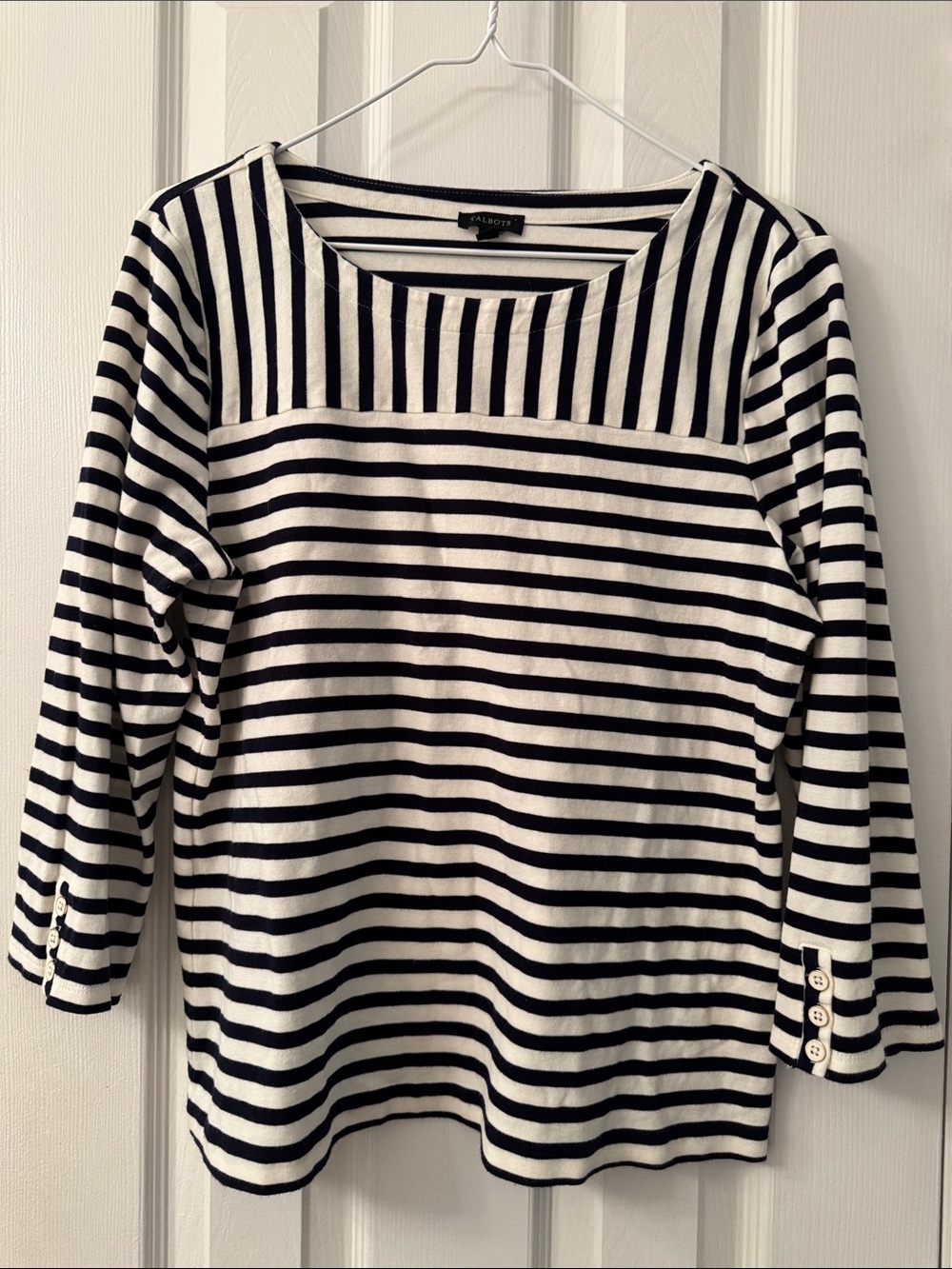 Talbots Black and White Striped Boatneck 3/4 Sleeve Top